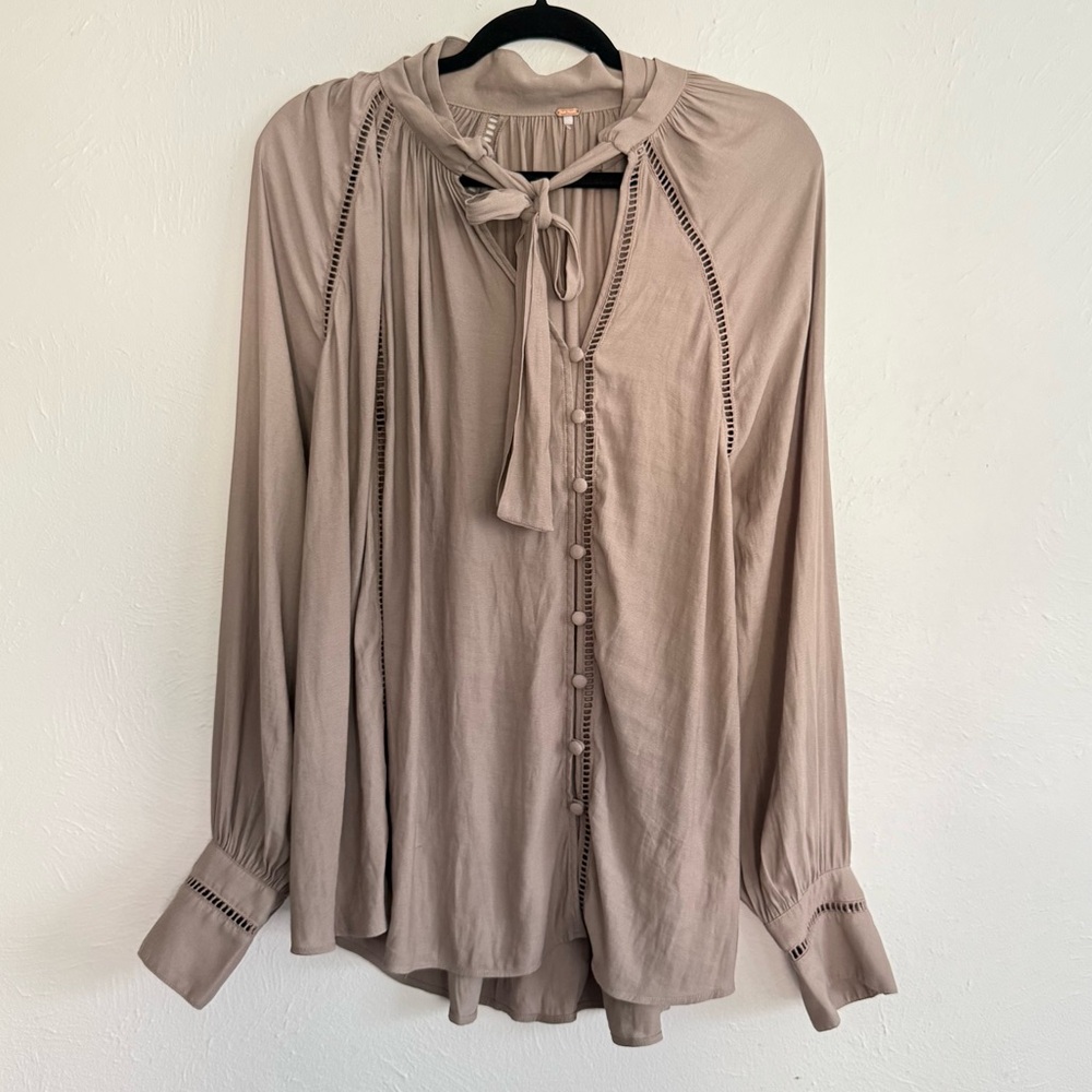 Free People Tan Wishful Moments Button Down Pussybow Blouse Medium